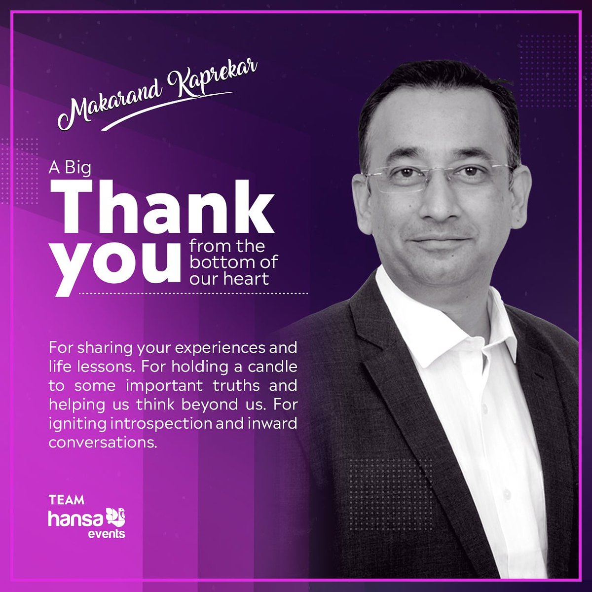 HansaEvents's tweet photo. Thank You Makarand Kaprekar(@Makarand10) for urging us to think beyond ourselves, for provoking some soul-searching and to never lose touch with the things that bring us joy in life. #HansaEvents #MasterClass #LearnUnlearn #BalancingTheUnbalanced https://t.co/UPtkWCTclM