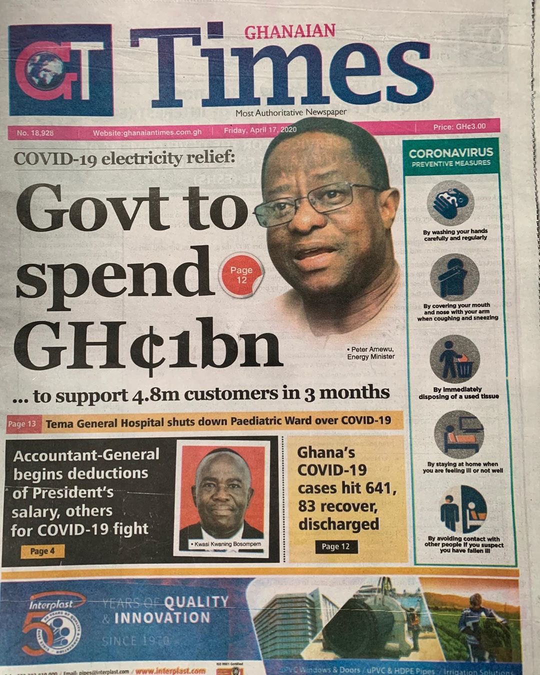 Utv Ghana Newspaper Headlines Ghanaian Times Ghana S Covid19 Cases Hit 641 Recover Discharged Accountant General Begins Deduction Of Presidents Salary Others For Covid19 Fight Tema