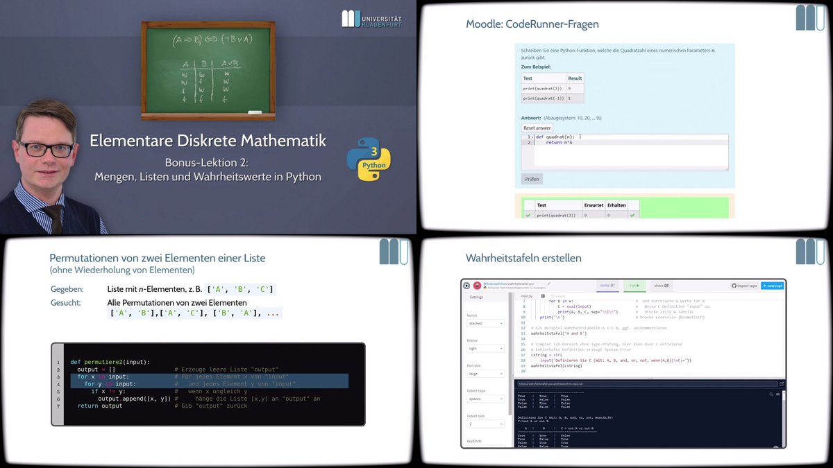 AndreasVohns's tweet image. Bonus-Lektion (Mengen, Listen &amp;amp; Wahrheitswerte in Python) im Kasten...   @moodle @replit #coderunner &amp;amp; LaTeX-Beamer mit minted-package, da kommt was zusammen... #elearning #distancelearning #oer Reinschauen: youtu.be/4y3FOUbIVFY