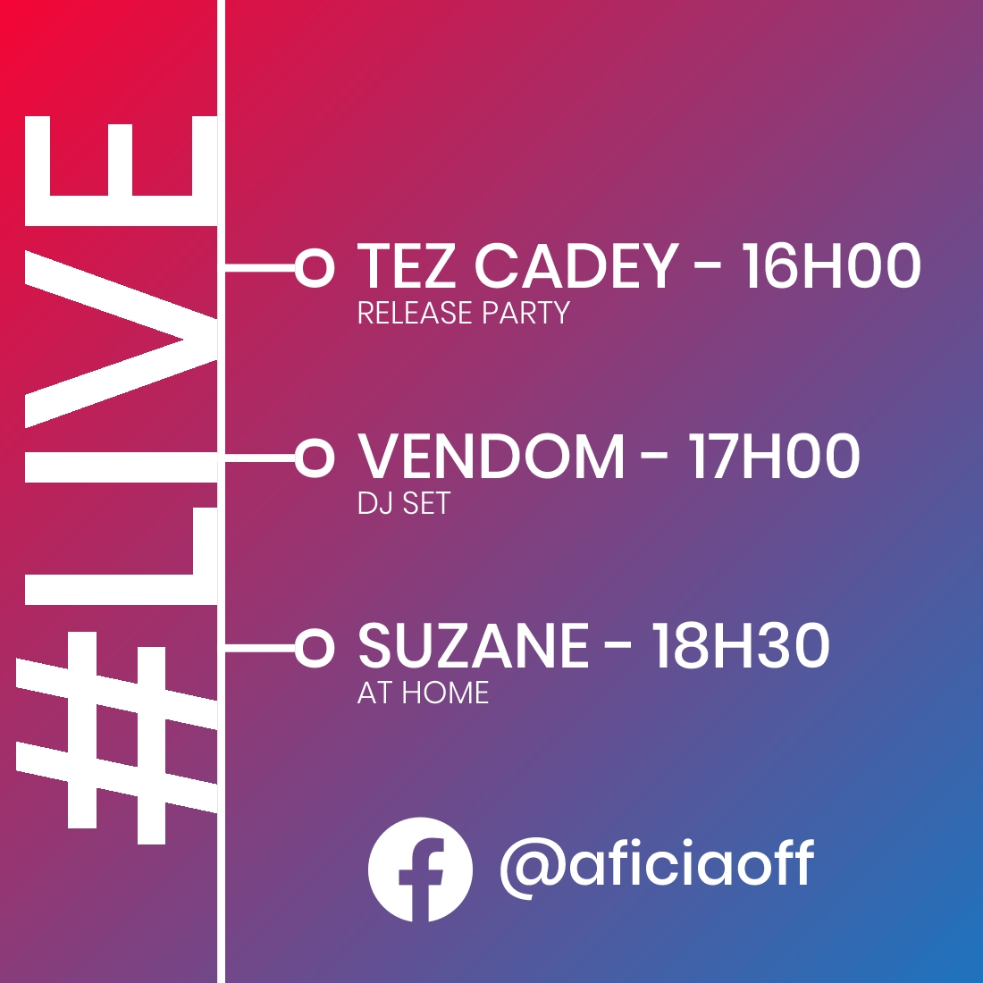 aficiaOff's tweet photo. #StayAtHome
Aujourd'hui #aficia s'occupe de mettre un peu d'ambiance dans ton salon avec trois rendez-vous 100% #musique !
📍 #TezCadey à 16h00...
📍 #Vendom à 17h00...
📍 #Suzane à 18h30...
Rendez-vous sur notre compte #Facebook [@aficiaoff] 😉 https://t.co/lnnfMfuWpw