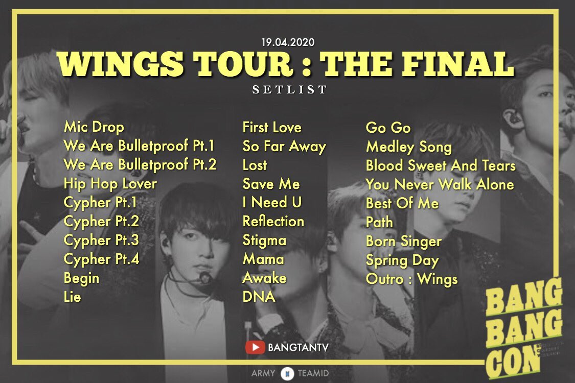 BTSYouniverseTN's tweet photo. List of the songs 19/04 @BTS_twt  #BANGBANGCON https://t.co/nrXnHWt7r4