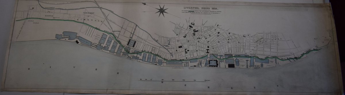 Today The Strand marks the line of the 17th Century foreshore. Following the reclamation of The Pool, land to the west was reclaimed from the Mersey during later reclamation and dock construction. This 1859 map shows the 17th c. foreshore in green. Map courtesy of  @MerseyMaritime