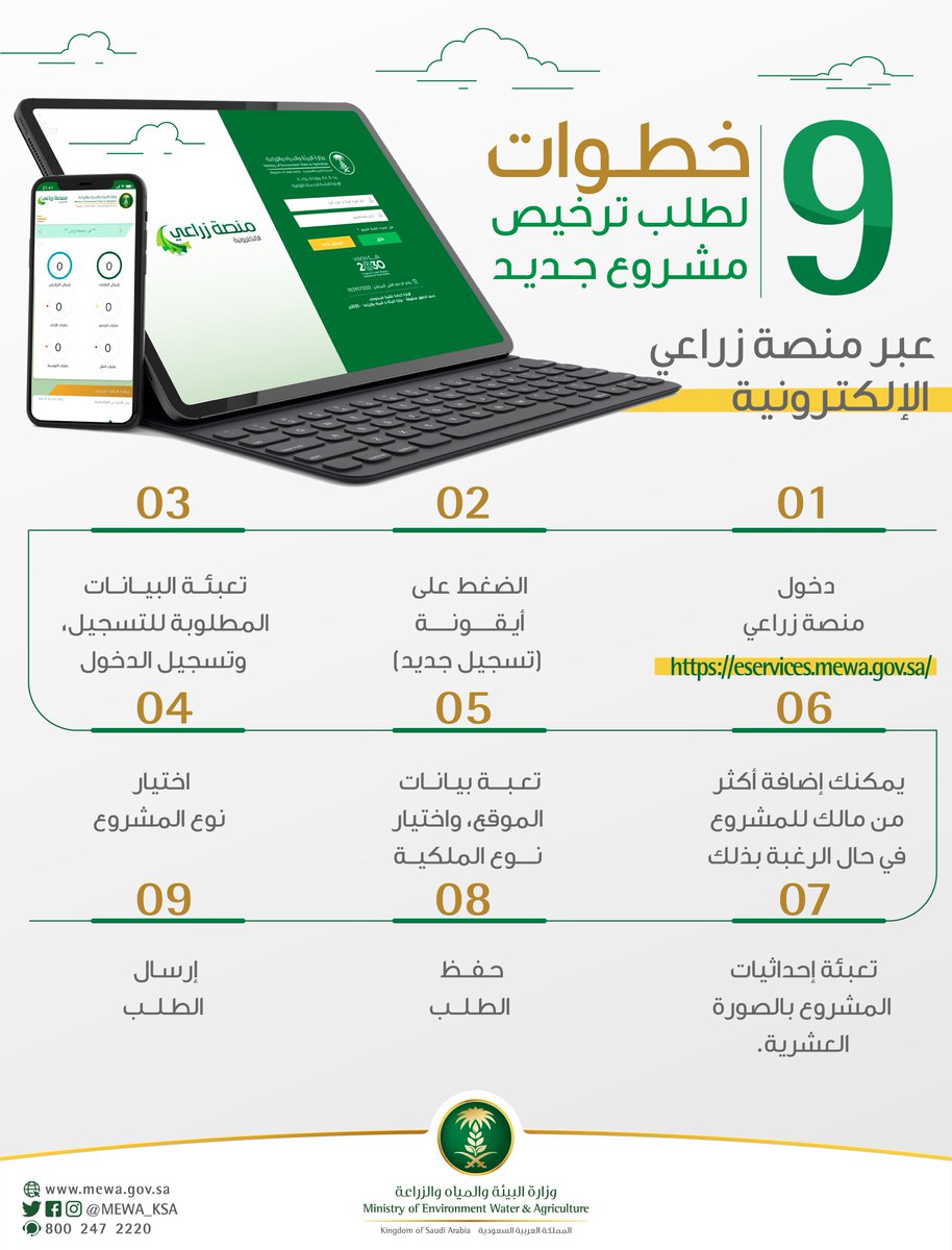 MEWA_KSA's tweet image. 9 خطوات لطلب ترخيص مشروع جديد، يمكن الاستفادة منها بزيارة منصة زراعي.

bit.ly/2QW5ZHv