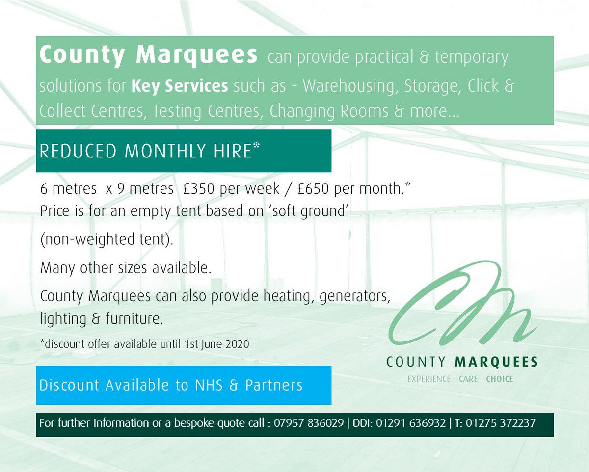 Pleased to say that <a href="/countymarquees/">County Marquees Ltd</a> will continue to offer discounted monthly hire marquees to Key Services during the Covid-19 pandemic. Pls RT.

Please contact info@countymarquees.co.uk for further info.