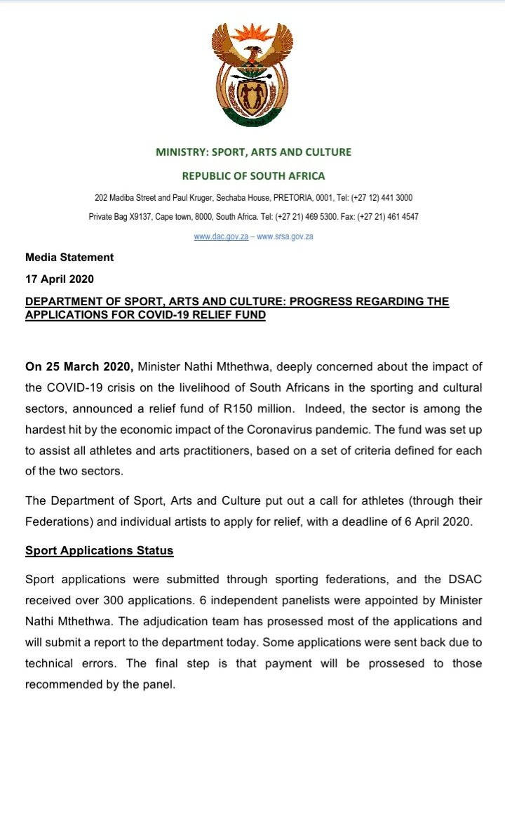 NathiMthethwaSA's tweet photo. Media Release: Department of Sport, Arts and Culture: Progress Regarding The Applications For The COVID-19 RELIEF FUND https://t.co/LrH5qF1Xp4