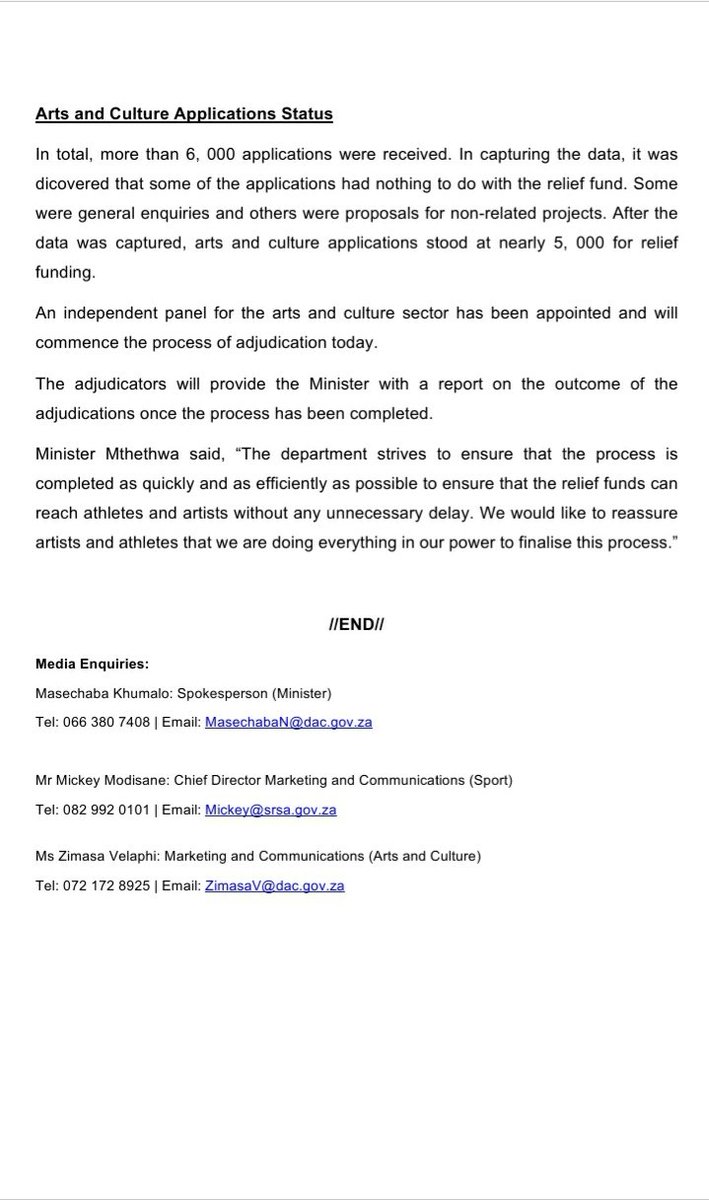 NathiMthethwaSA's tweet photo. Media Release: Department of Sport, Arts and Culture: Progress Regarding The Applications For The COVID-19 RELIEF FUND https://t.co/LrH5qF1Xp4