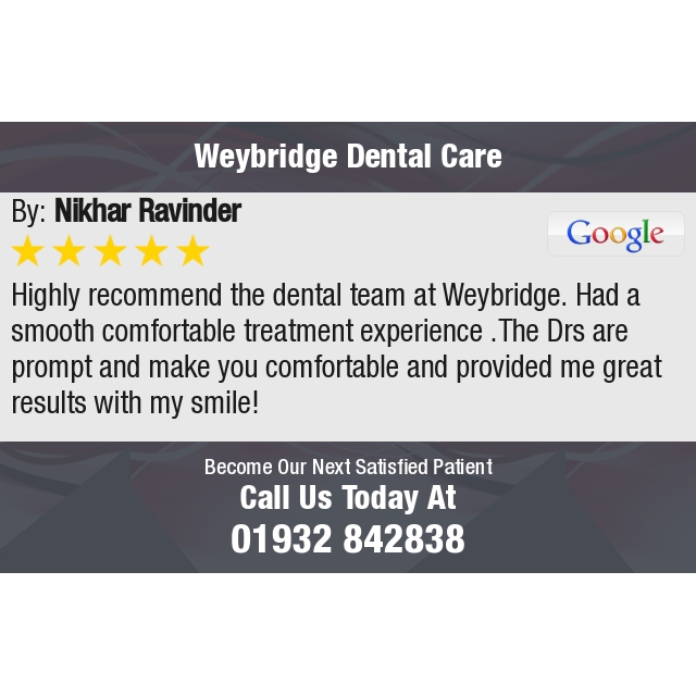 5 Star: Nikhar R. "Highly recommend the dental team at Weybridge. Had a smooth comfortable treatment experience..." bit.ly/2Q8Vt0p