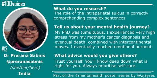 #12. Dr Prerana Sabnis ( @preranasabnis) opens up about the  #mentalhealth   toll the tragic loss of her mother took during her PhD studies, as well as the stress associated with several international moves, which ultimately led to emotional burnout. #100voices  #academicchatter