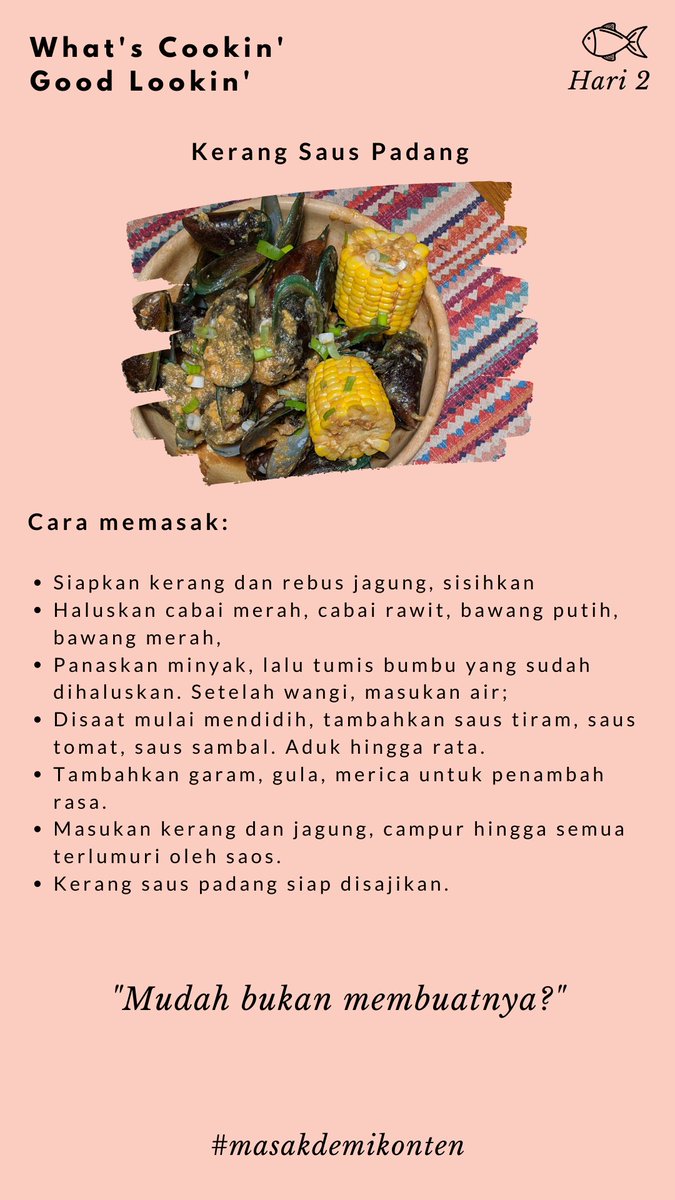 Akan ada 6 resep tiap minggu karena biasanya ada 1 hari saya break untuk jajan. Ini resep2 Minggu I   #masakdemikonten Hari 1 - Bakmoy dan kuah hainanHari 2 - Kerang saus padang