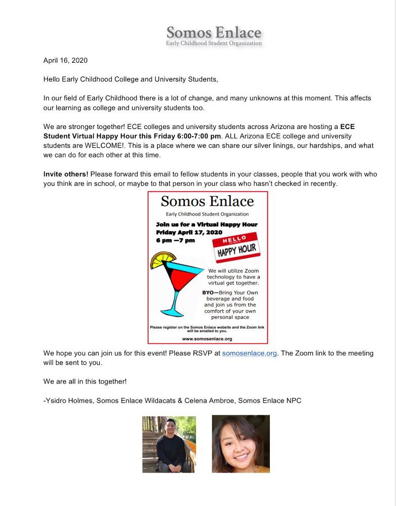 YsidroHolmes's tweet photo. Early childhood students! Join us tomorrow evening 6-7 pm for a virtual happy hour. https://t.co/ooT7CVrFGM