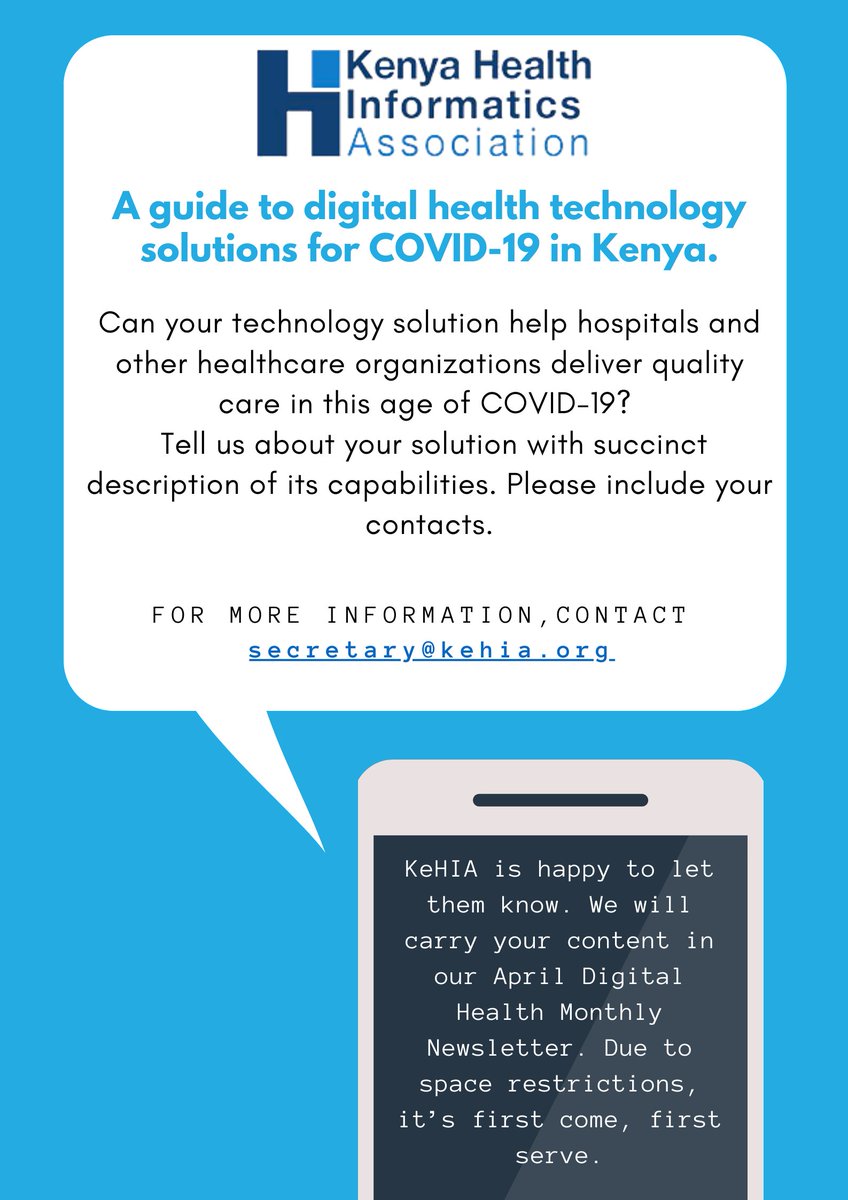 kehia_kenya's tweet photo. Share how your technology solution is helping or will help the #COVID19 response

#KomeshaCorona https://t.co/KRc5YhKpra