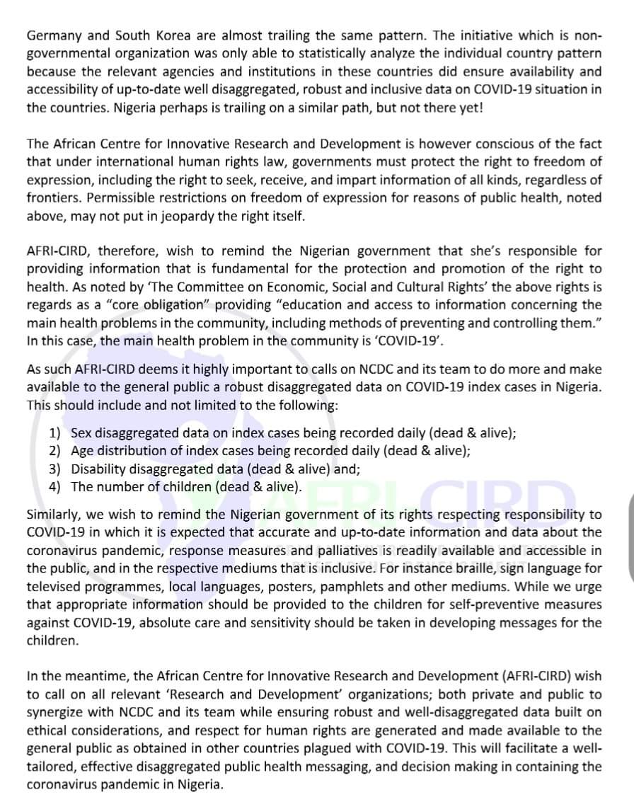 AfriCird's tweet photo. "Accurate, Robust and Well Disaggregated Data is fundamental in shaping a well-tailored public health messaging towards curbing spread of the pandemic COVID-19 in Nigeria" - AFRI-CIRD. @NCDCgov @NGRPresident @Fmohnigeria @WHONigeria @NTANewsNow @daily_trust @PremiumTimesng https://t.co/1OAZLDZdpI
