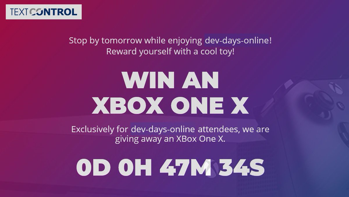 txtextcontrol's tweet photo. Good morning #devdaysonline! The countdown is running. After 9AM, you can also enter our #XboxOneX raffle at https://t.co/OC6npoaKmE Enjoy the conference! #mddevdays #dncgn #netdayfranken https://t.co/8oYOuhxFCT