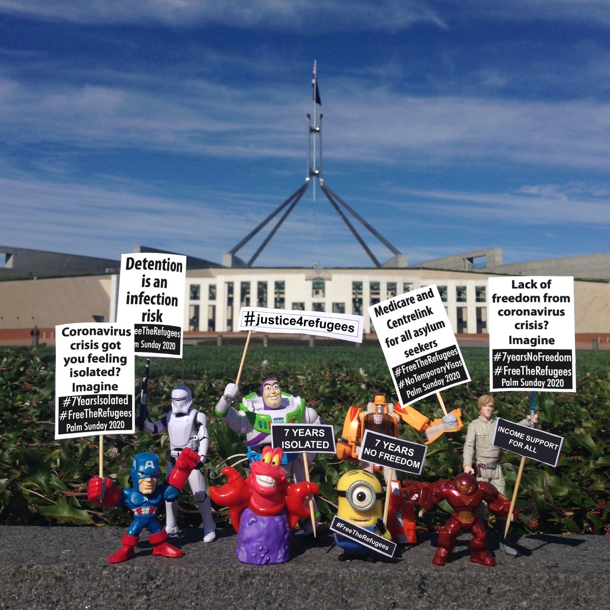 georgia_jerry's tweet photo. Thanks to @causesmassive for this amazing pic! 
Great to see so many super heroes determined to #FreeTheRefugees

Plz add your creative skills to help their protests! #artists4refugees #TheArtOfProtest #Manus #Nauru #auspol #COVID19Aus https://t.co/vgTRK6VAmd