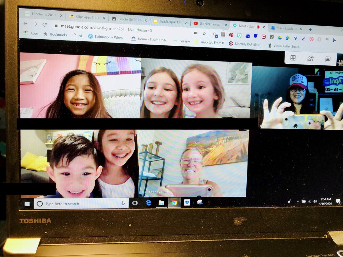 Surprised my Google Meet book club girls w/a visit from their Kinder teacher ⁦@stakey11⁩ 😊 2 kinder siblings got in on the action too! Finding new ways to keep learning fun! ⁦<a href="/Arroyo_mustangs/">Arroyo Elementary School, TUSD</a>⁩  ⁦<a href="/TUSDschools/">Tustin Unified</a>⁩
