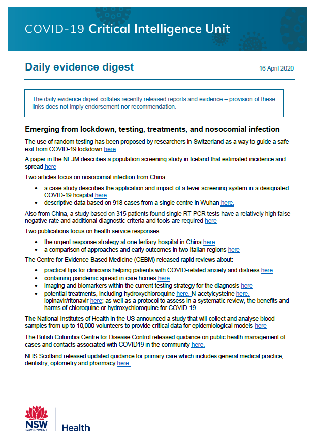 nswaci's tweet photo. See our @nswaci #COVID19 webpage for the latest daily digest -- emerging from lockdown, testing, treatments, and nosocomial infection -- from the @NSWHealth Critical Intelligence Unit https://t.co/DAFQopszMY #ACIShare #NSWHealthCIU https://t.co/RVNtqKfQdP