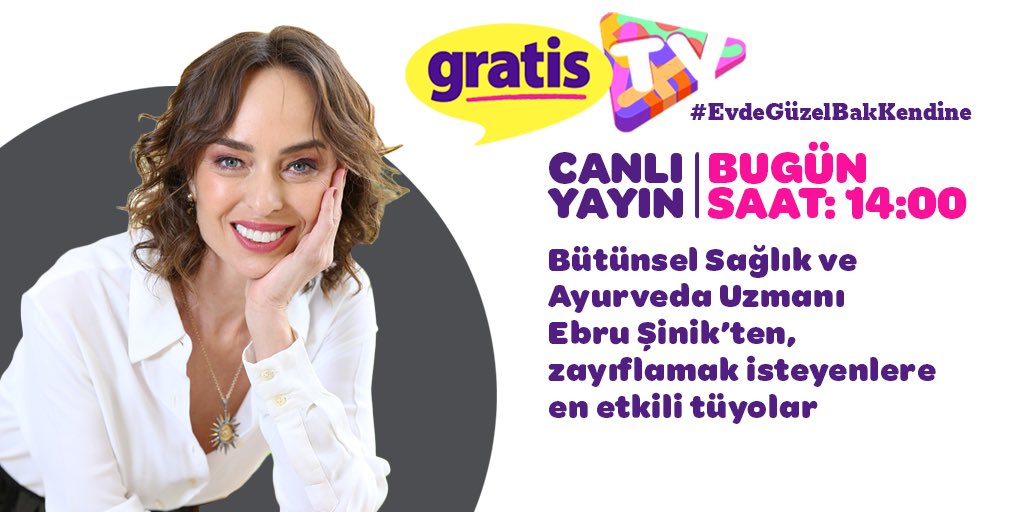 GratisTr's tweet photo. Ebru Şinik, zayıflamak isteyenlere en etkili tüyoları açıklamak için bugün 14.00'de Gratis TV Instagram CANLI YAYININDA olacak! #EvdeGüzelBakKendine #GratisTV https://t.co/i8Jf8KOFwr
