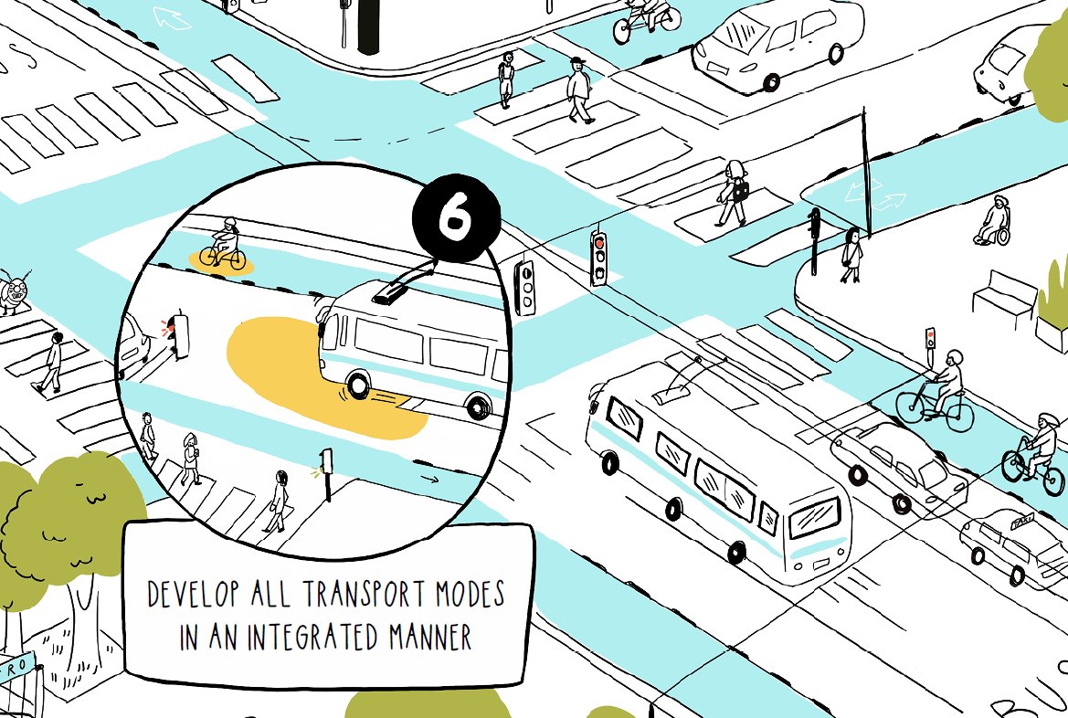 Principle 6/8: How can we connect #transport modes better? While #SUMP prioritises the development of sustainable mobility solutions, it stands for the integrated development of all modes. 🚶‍♀️🚴‍♂️🛴🛹🚌🚃🚇🚖🛵🚗 🚚