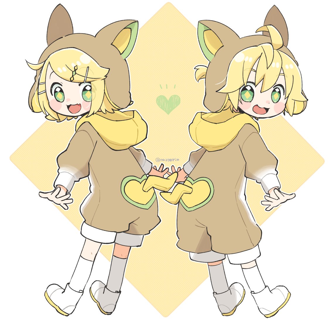 kagamine len ,kagamine rin 1girl claw pose 1boy fur trim blonde hair gloves closed eyes  illustration images