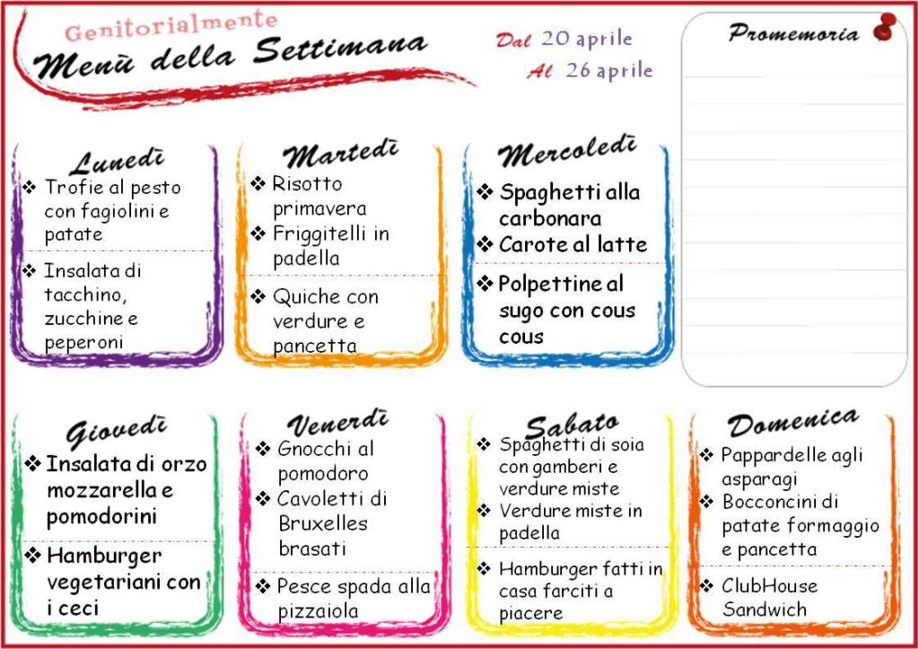 Genitorialmente Il Menu Settimanale Di Oggi E Semplice Da Preparare Con Pranzo E Cena Per Tutta La Famiglia Ogni Giorno Un Ricco Primo A Mezzogiorno E Un Saporito E Completo