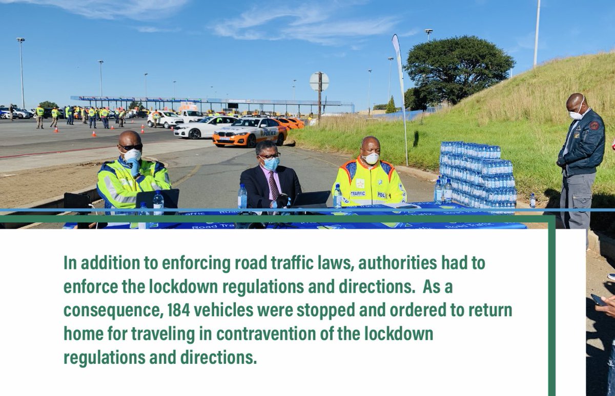MbalulaFikile's tweet photo. In addition to enforcing road traffic laws, authorities had to enforce the lockdown regulations and directions. As a consequence, 184 vehicles were stopped and ordered to return home for traveling in contravention of the lockdown regulations and directions.
#EasterWeekendStats https://t.co/Qu9jhM29qc