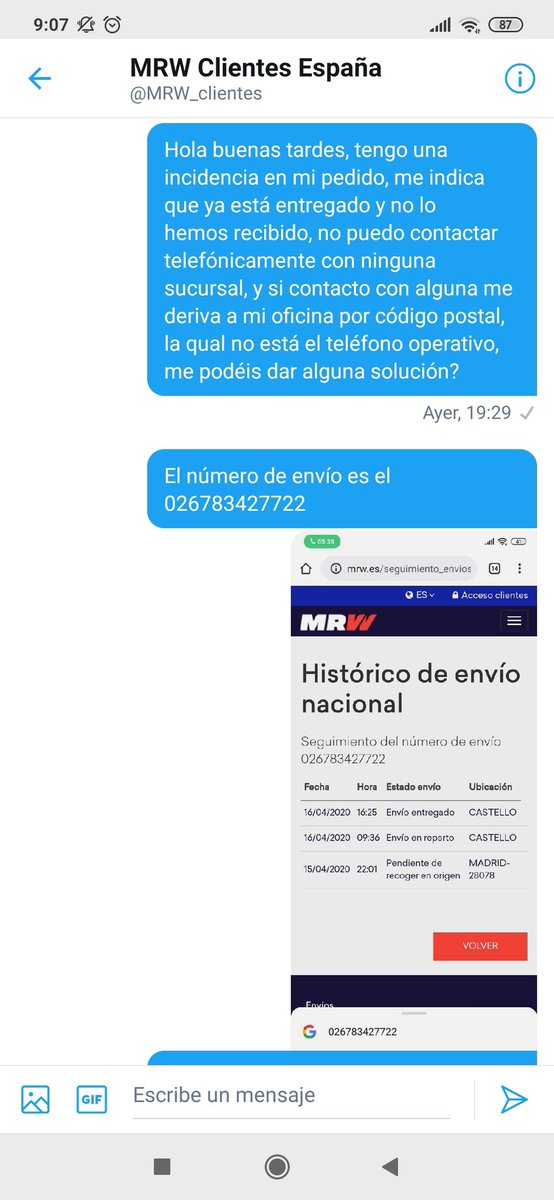 dpuchol87's tweet photo. Hola @MRW_clientes podríais contestar al privado que os envié ayer respecto a un envío que aparece como entregado y no lo he recibido? https://t.co/rsrYztlCPu