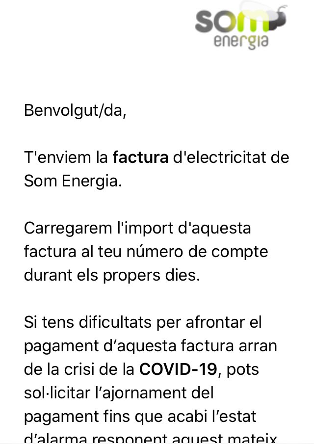 Aquest és l’últim correu que m’envia <a href="/SomEnergia/">Som Energia</a>. En moments així encara és més clar perquè cal apostar-hi. Hi ha comercialitzadores que prioritzen el bé comú i la lluita contra la pobresa energètica per sobre del lucre. És un moment perfecte per passar-se a <a href="/SomEnergia/">Som Energia</a> <a href="/opcions/">Opcions</a>