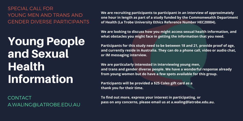 Recruiting participants for a qualitative study on Young People and Sexual Health Information! Check out the advert below, and contact <a href="/DrAndreaWaling/">Dr Andrea Waling</a> (a.waling@latrobe.edu.au) to find out more!