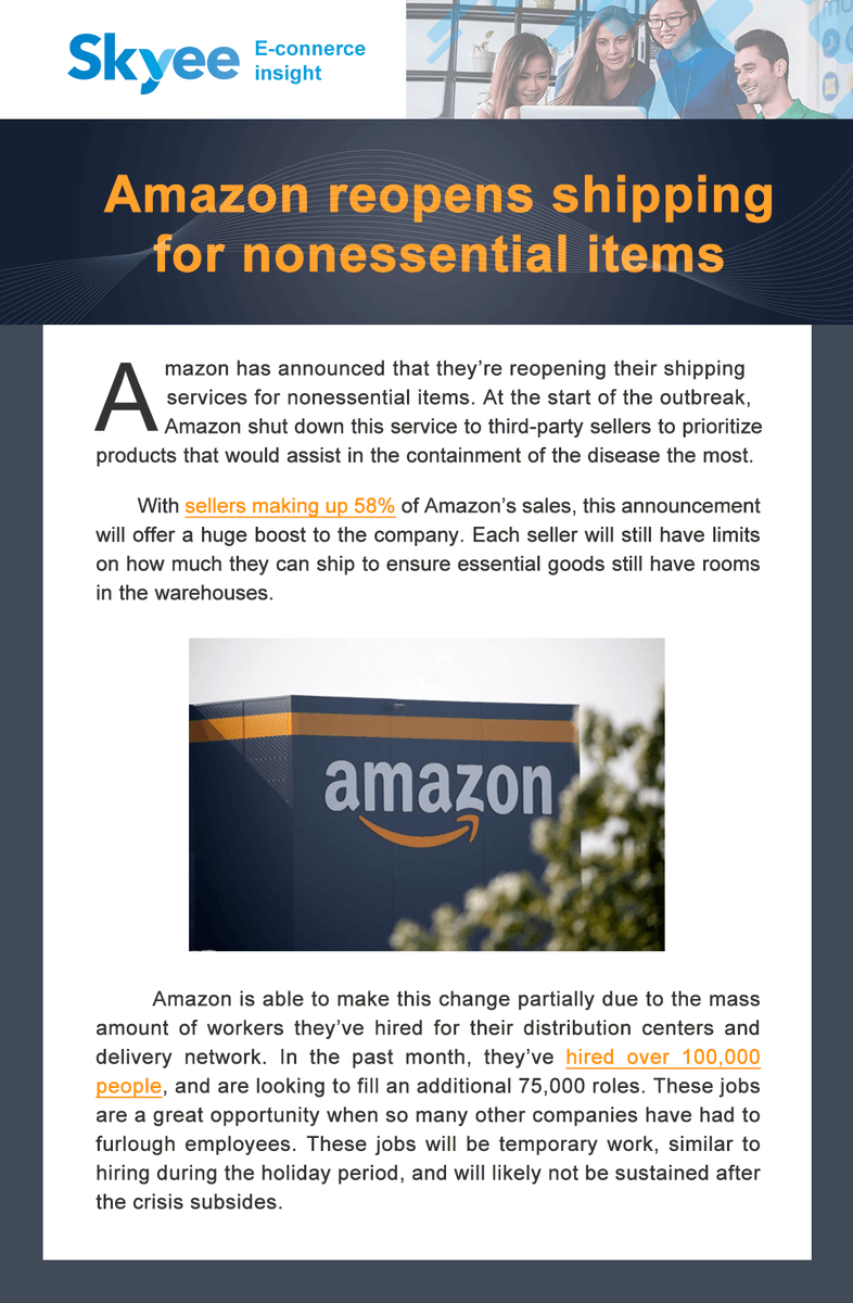skyee_payments's tweet photo. #Amazon has announced that they’re reopening their shipping services for #nonessential items. Check out from today's #SkyeeInsight 👇

#ecommerce #GlobalSelling https://t.co/DW3lCN4enI