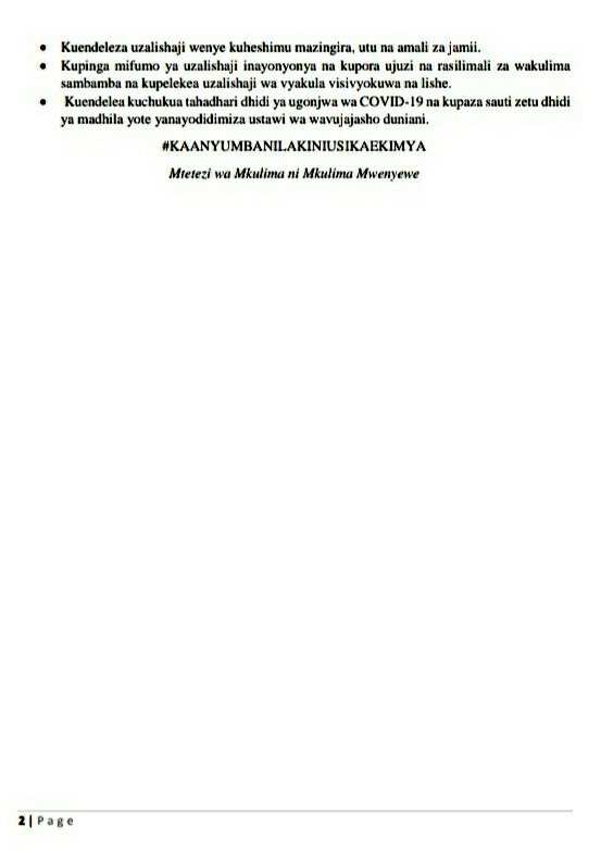 TAMKO LA MVIWATA 

SIKU YA KIMATAIFA YA KUMBUMBUKU YA MAPAMBANO YA WAKULIMA WADOGO DUNIANI #17Aprili2020

#KaaNyumbaniLakiniUsikaeKimya
#StayHomeButNotSilent 
#MteteziWaMkulimaNiMkulimaMwenyewe 
#PeasantRightsNow
#FoodSovereigntyNow
#StayHomeButNotSilent