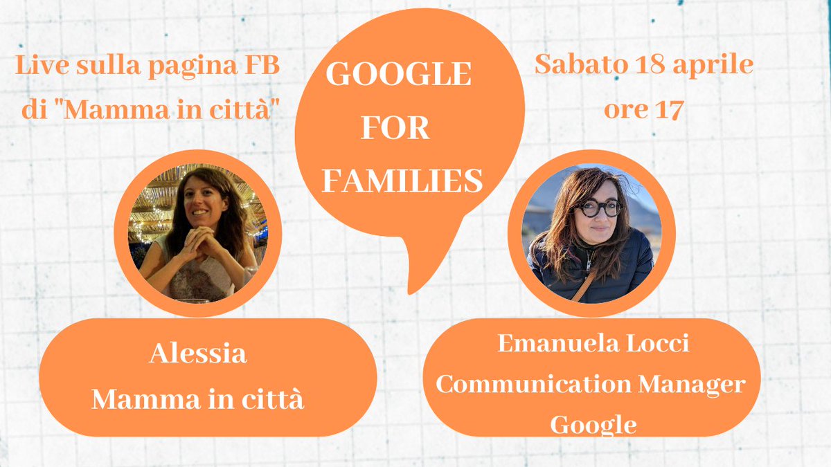 #GOOGLE FOR FAMILIES---
Domani ospiterò sulla pagina Facebook di Mamma in città @manulocci, Communication Manager Google, per una chiacchierata sui servizi Google studiati apposta per le famiglie.
👉 facebook.com/mammaincitta