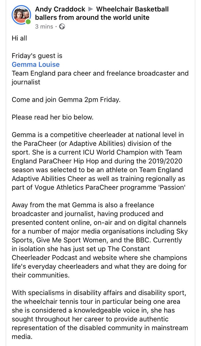gstevensonsport's tweet photo. Join me today at 2pm 

I’ve been asked to do a Facebook live on Andy C’s group no doubt talking Team 🏴󠁧󠁢󠁥󠁮󠁧󠁿 #ParaCheer #Cheerleading #wheelchairtennis #broadcasting #journalism #mediadiversity #dystoniaawareness @constant_cheer and #lockdownlife 

https://t.co/q14MvTr2je https://t.co/cqVZfC363t