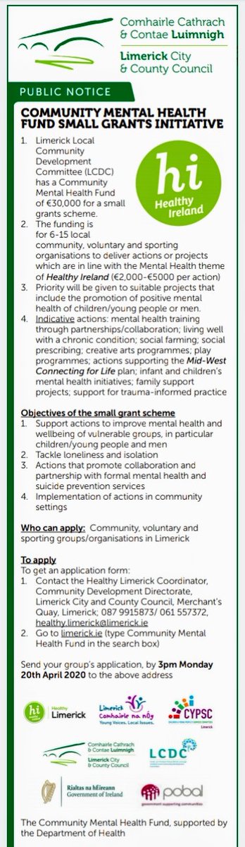 limerick_ppn's tweet photo. Reminder, closing date for receipt of applications for the Limerick #CommunityMentalHealthFund small grants initiative is 3pm Monday 20 April 2020.
Supported by Healthy Ireland
For more details click on the following: https://t.co/rrj6eRSy5Y…/community-mental-health-fund-smal… https://t.co/jTFW9QKwdT