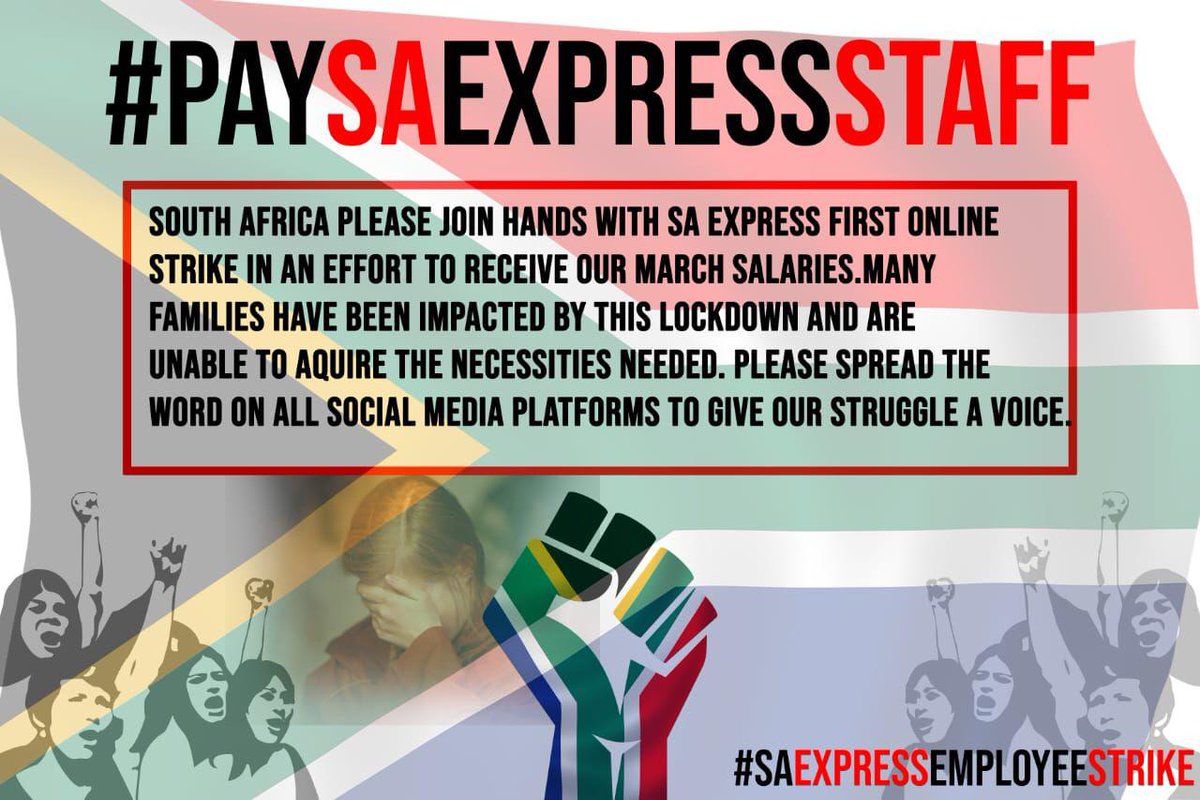MichaelHlatshw2's tweet image. We request for assistance with our #PaySAExpressSfaff campaign. Over 600 employees at SA Express have not been paid their March and request prominent members of our society to help us spread the word by tweeting and retweeting our story
@somizi 
@bonang_m 
@casspernyovest
