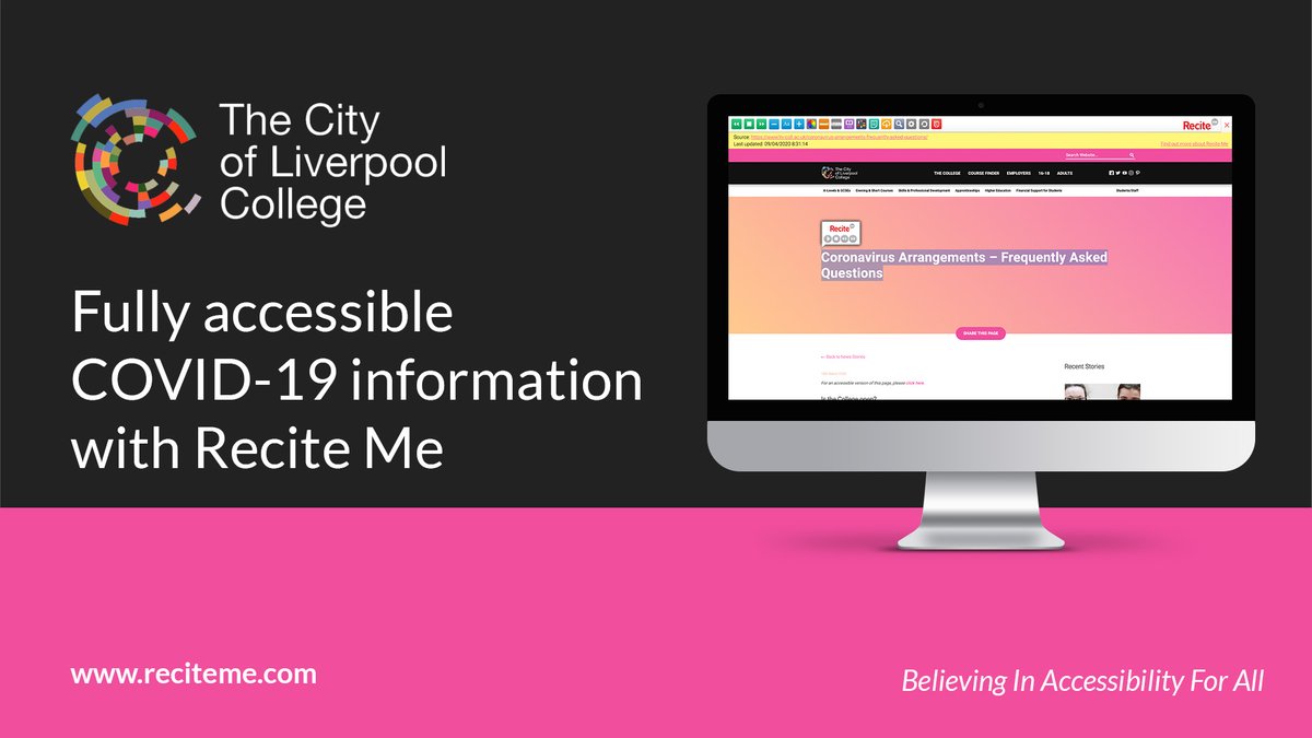 COLCollege's tweet image. We&apos;ve partnered up with @reciteme to make our COVID-19 information accessible to all, featuring a screen reader, styling options, reading aids and a translate function with over 100 languages. 

covid.reciteme.com/liv-coll/

#Accessibility #ForTheFuture