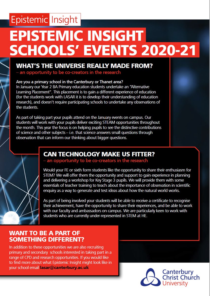 LASARcentre's tweet photo. #NEWS! #events #EpistemicInsight
ANNOUNCING: campus events for 2020-21
AND a couple of opportunities for YOUR school #PrimarySchool #SecondarySchool #STEAMEvents
@ExploreBQiC @CCCUEducation
to find out more or received a PDF, DM or email "LASAR" at https://t.co/7qLsOAIC2m https://t.co/0oVhkJdICS