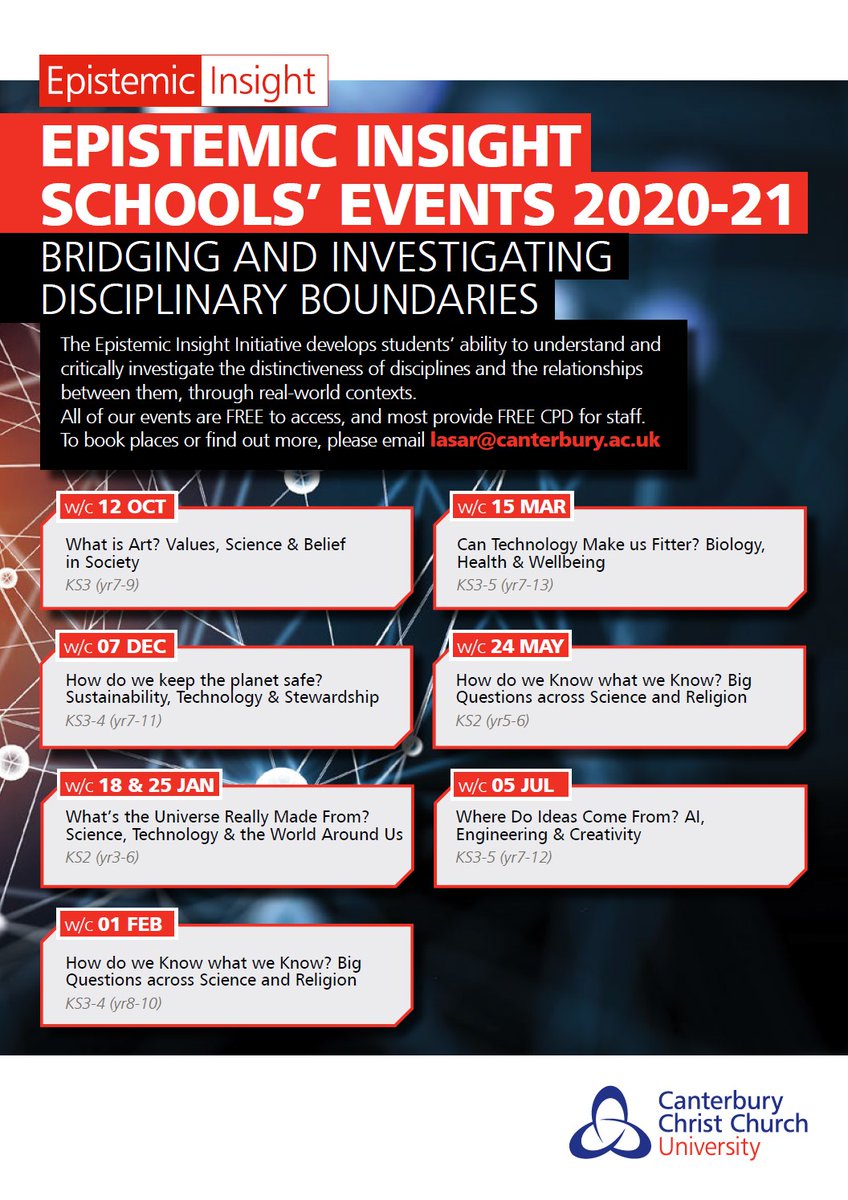 LASARcentre's tweet photo. #NEWS! #events #EpistemicInsight
ANNOUNCING: campus events for 2020-21
AND a couple of opportunities for YOUR school #PrimarySchool #SecondarySchool #STEAMEvents
@ExploreBQiC @CCCUEducation
to find out more or received a PDF, DM or email "LASAR" at https://t.co/7qLsOAIC2m https://t.co/0oVhkJdICS
