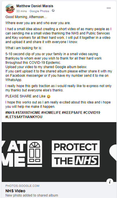 MatthewMarais1's tweet photo. Hey everyone,

Please take some time to look at this image from my facebook. and if you wish to help or participate then please upload your video to the below link:

https://t.co/mXBK0z5hlf

#NHS #SAVELIVES #COVID19 #STAYATHOME #SAVETHENHS #LETSSAYTHANKYOU https://t.co/d9GFEafCWk
