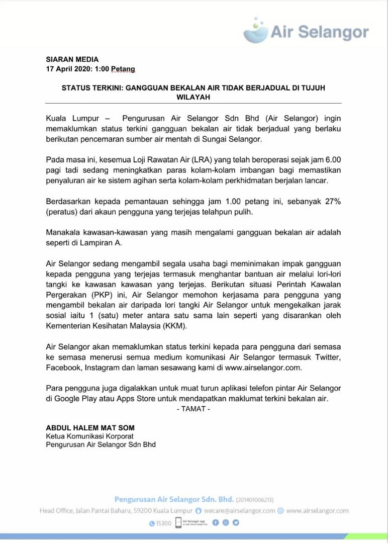 Air Selangor On Twitter Hi Nelly For Your Info Latest Status Regarding The Water Pollution Incident At Sg Selangor And Rantau Panjang Wtp Https T Co Izhyhdxmgz