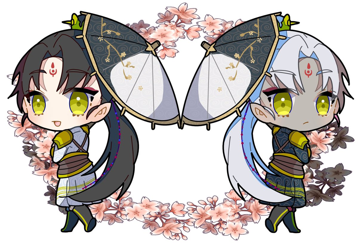 chibi multiple boys 2boys umbrella yellow eyes black hair male focus  illustration images