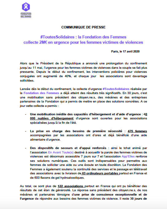 Fondationfemmes's tweet photo. [COMMUNIQUÉ DE PRESSE] 
#ToutesSolidaires : La Fondation des Femmes collecte 2M€ en urgence pour les femmes victimes de violences https://t.co/NJPn0LcE2o