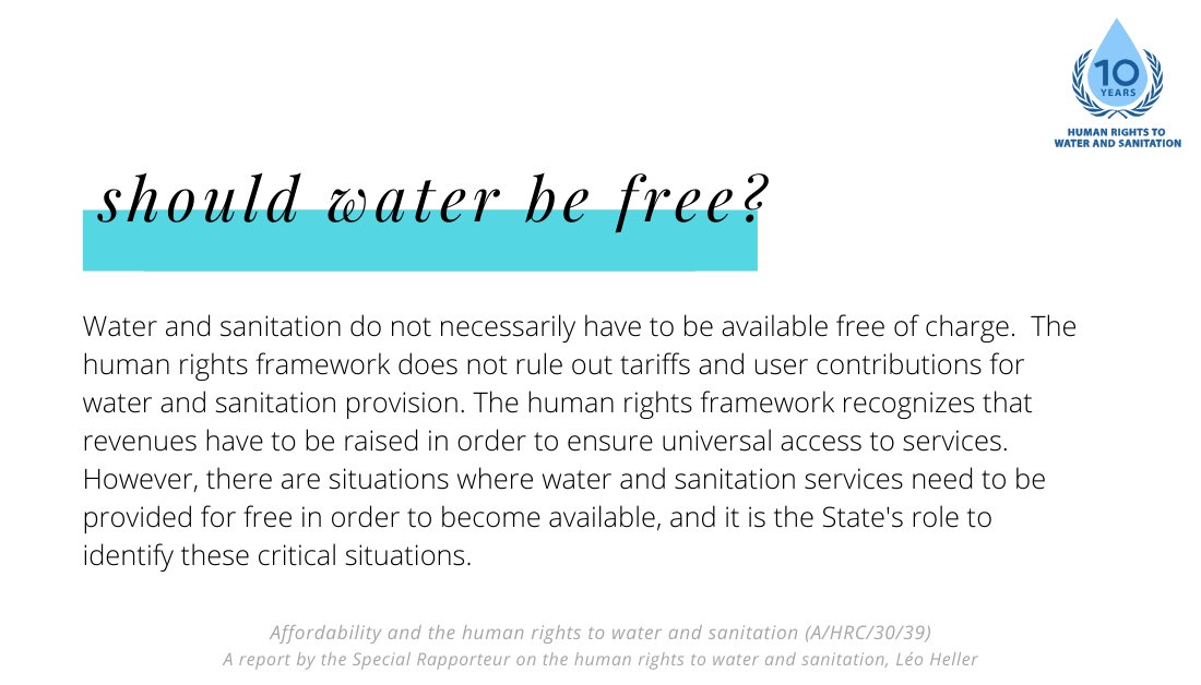 Affordability is a wide-ranging topic. My report addresses common confusions or misconception about payment for water and sanitation. The first question: should water be free for all? See friendly ver of my report on affordability:  http://tiny.cc/r386mz 