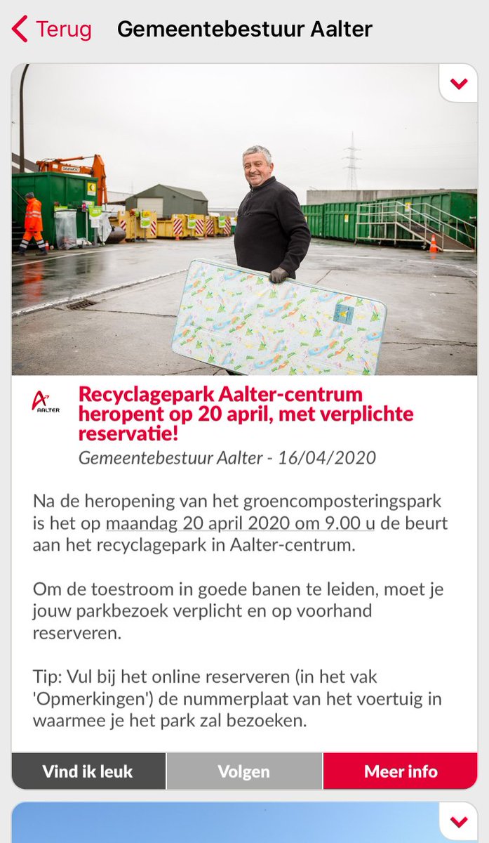 onzestadapp's tweet photo. Wie wil SORTEREN ♻️ moet eerst RESERVEREN 📲
De recyclageparken openen stilaan opnieuw hun deuren, ook in @gemeenteAalter. Het bestuur wil dat alles vlot verloopt &amp; vraagt daarom om JOUW BEZOEK ah park op voorhand vast te leggen via de Aalter-APP. Slim gezien!  #MobielNaarHetPark https://t.co/igEn0Q2vtj
