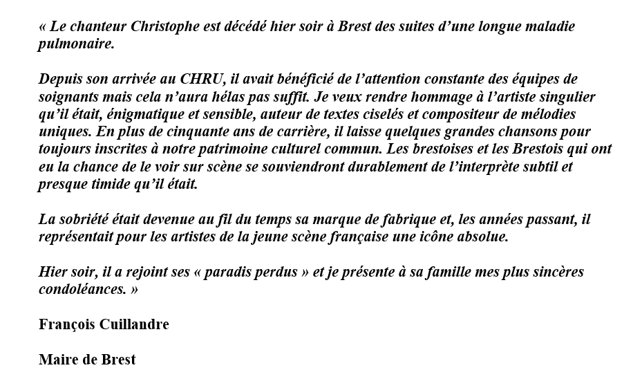FCuillandre's tweet photo. « Hier soir, Christophe a rejoint ses « paradis perdus » et je présente à sa famille mes plus sincères condoléances. »

François Cuillandre
Maire de Brest https://t.co/gWV2aBEX8H