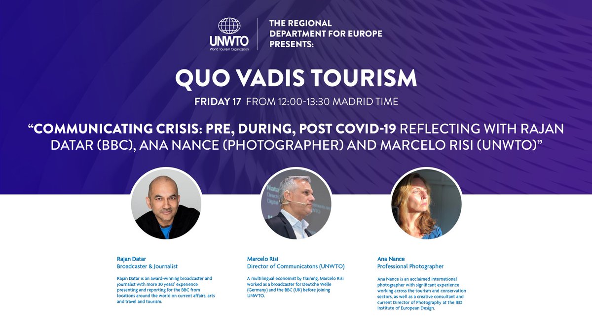 UNWTO's tweet image. As one of the worst hit sectors, Tourism needs effective communications strategies to promote its capacity to help the most vulnerable overcome the #COVID19 pandemic.

Our experts give you the insights. Join our live webinar! youtu.be/tkI166uXeSU

📅 See you today at 12:00 CET