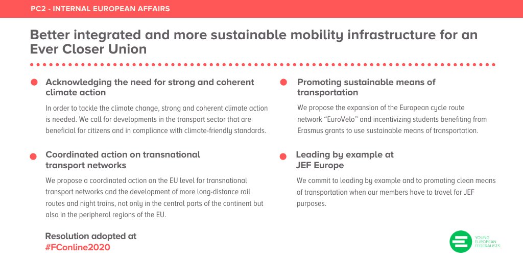 JEF_Europe's tweet photo. One of our newly adopted resolutions calls for better integrated and more sustainable #mobility infrastructure. Read the whole resolution here: https://t.co/8AxSOevGRy.
#FConline2020 #PC2 https://t.co/E9INkuozm1