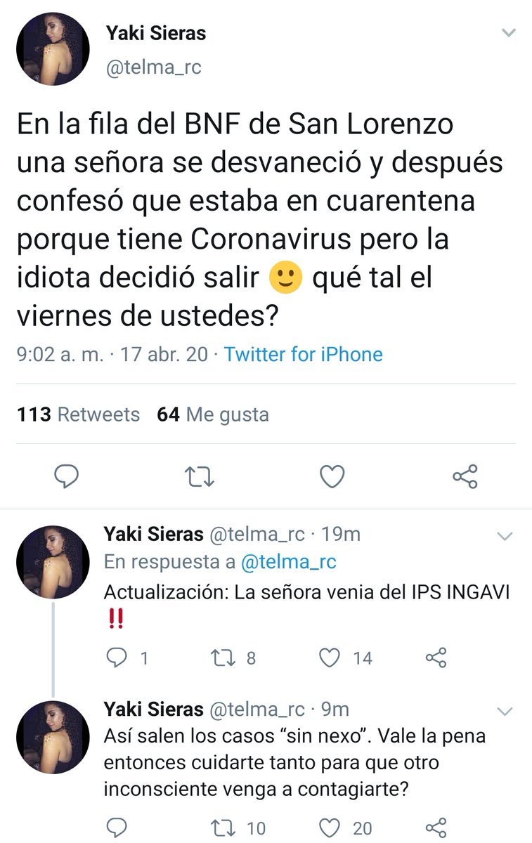 jfergo86's tweet photo. Al final ya no sabemos si con quiénes nos cruzamos están o no en cuarentena. Que irresponsabilidad y criminal de esta persona que salió de su cuarentena. https://t.co/BsREOqBrJg