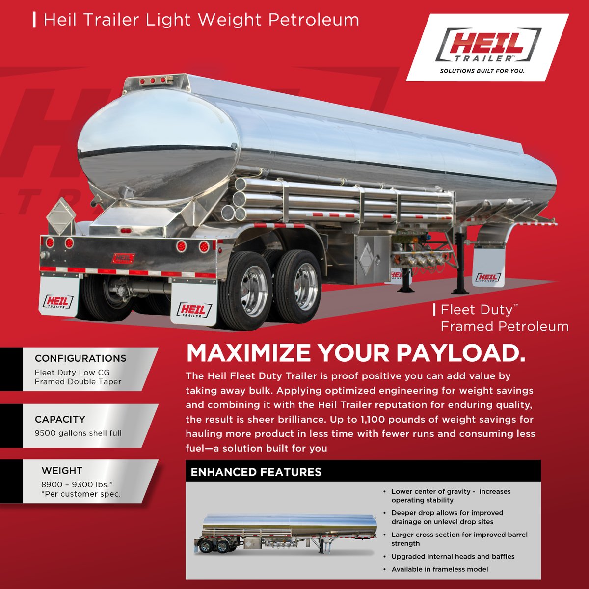 Heil Trailer International: Framed Fleet Duty - Up to 1,100 pounds of weight savings for hauling more product in less time with fewer runs and consuming less fuel—a solution built for you. #HeilTrailer #Petroleum #weightloss #fleets #quality #refueling #lightweight