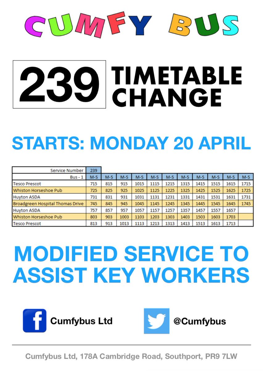 cumfybus's tweet photo. To support key workers with essential travel, the 239 svc from Prescot-Broadgreen Hospital (travelling through Huyton) will be operating different times from Mon 20 Apr 2020. This includes the route starting earlier &amp; finishing later in day with an hourly service from 07:15-17.15 https://t.co/GDIreOHdHq