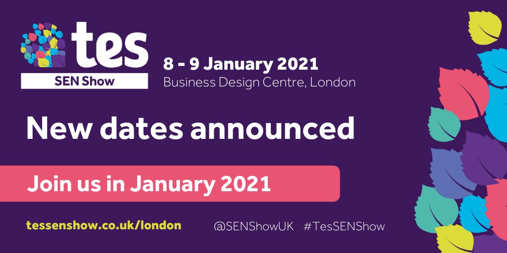 We've taken the difficult decision to postpone the Tes SEN Show. With the current conditions and huge impact on the education sector in mind, the event will now take place on 8 - 9 January 2021.

Find out more here: bit.ly/3bhVarp